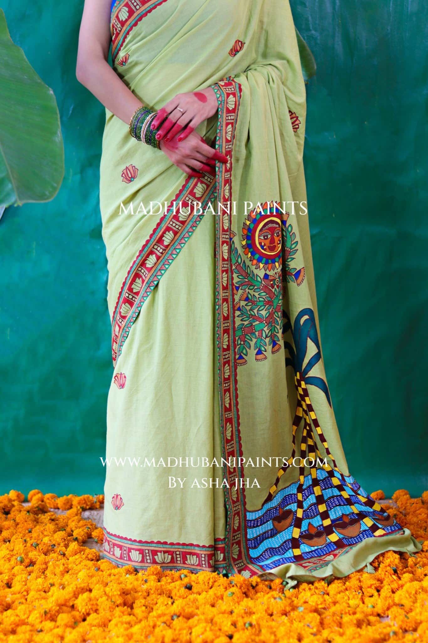 BHAKTI BHAVA Chhath Puja Hand painted Madhubani Cotton Saree — image 7 of 13