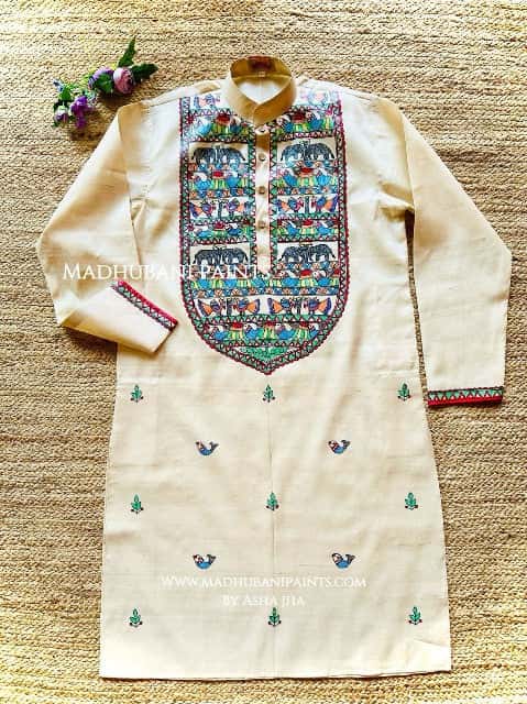 Hathi Mor Machli with Boota Hand-painted Madhubani Men's Tussar Silk Kurta — image 2 of 4
