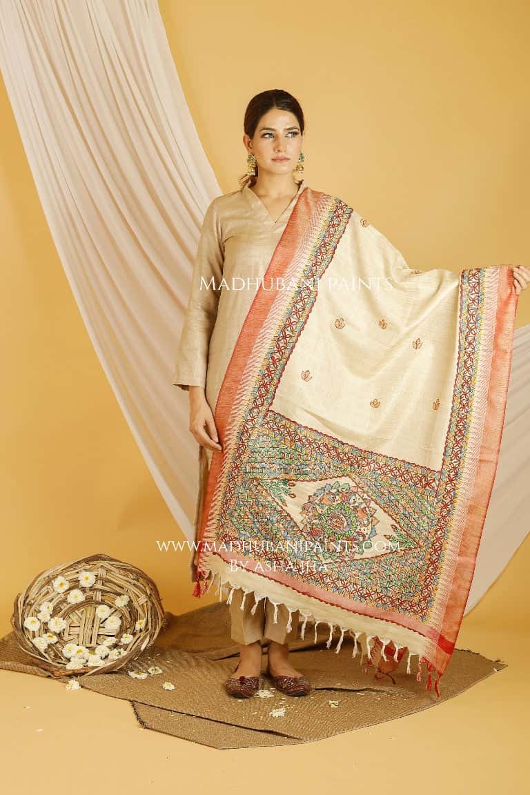 Mithila Border Madhubani Handpainted Pure Handloom Cotton Dupatta — image 4 of 5