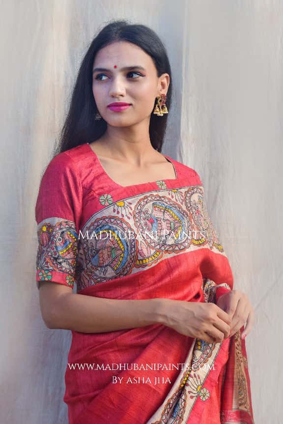 'MITHILA MAYURI' Handpainted Madhubani Tussar Silk Saree Blouse Set — image 6 of 10