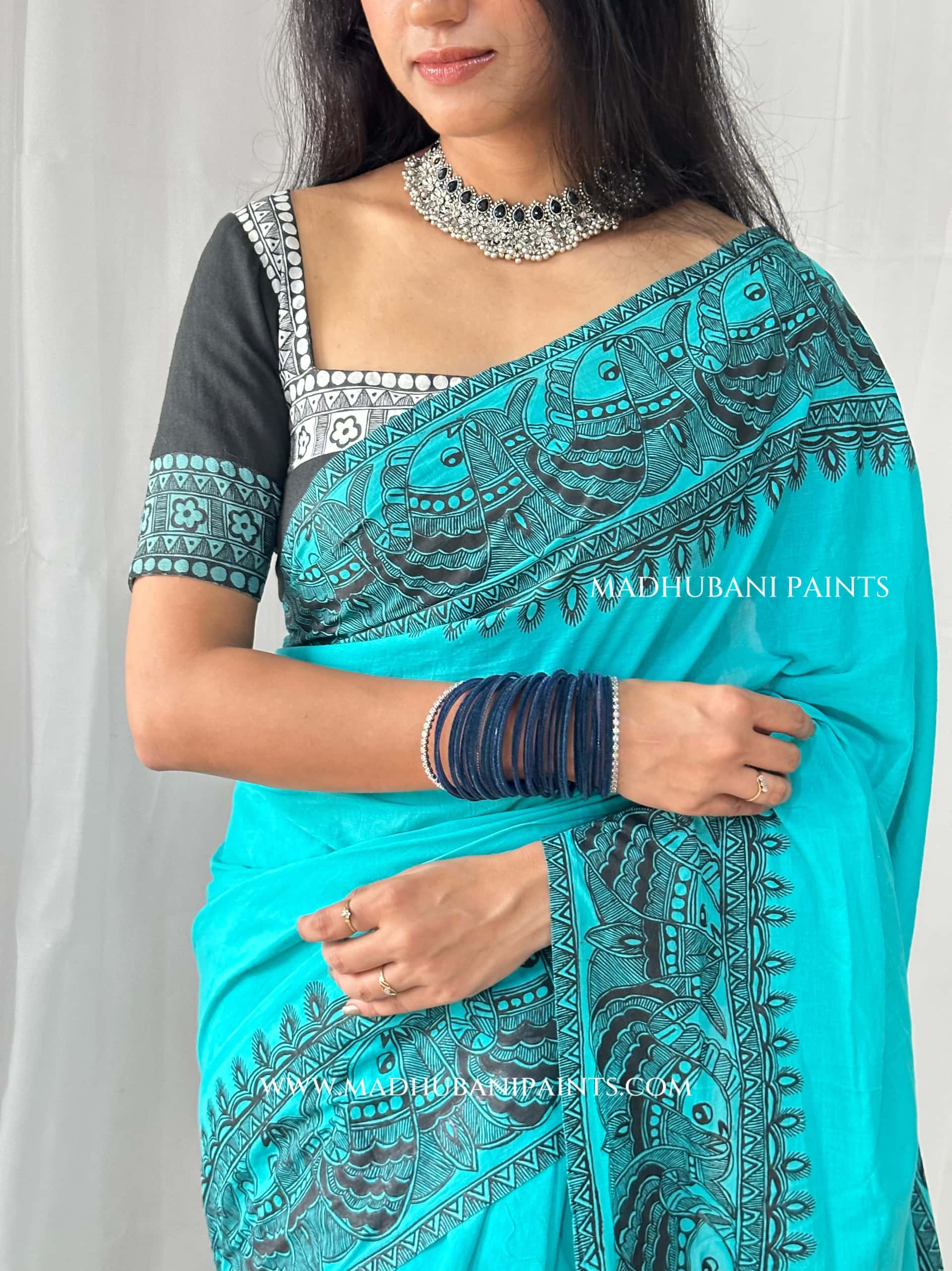 Aasmani Shringar Hand-painted Madhubani Painting Cotton Saree — image 6 of 10