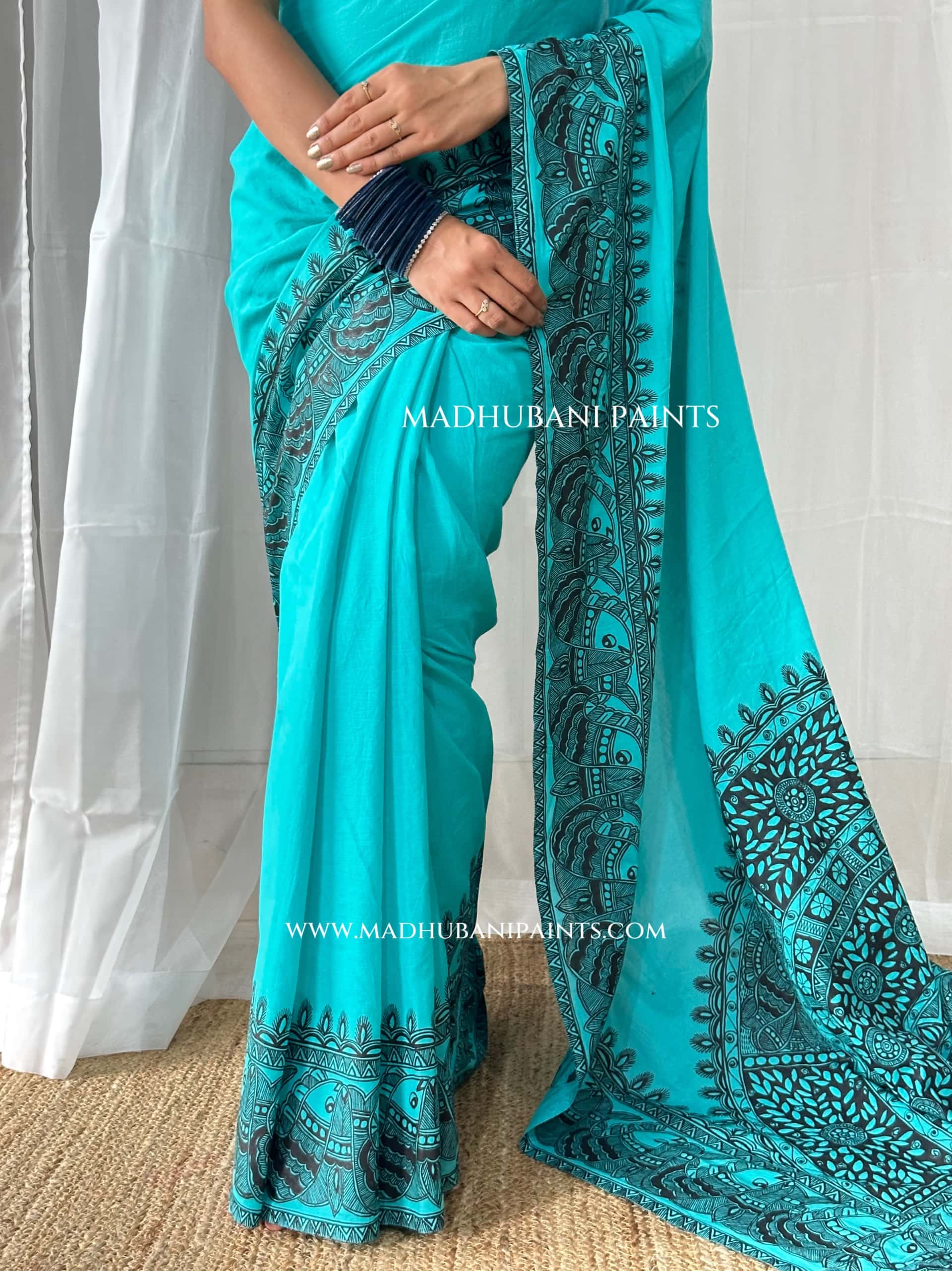 Aasmani Shringar Hand-painted Madhubani Painting Cotton Saree — image 10 of 10