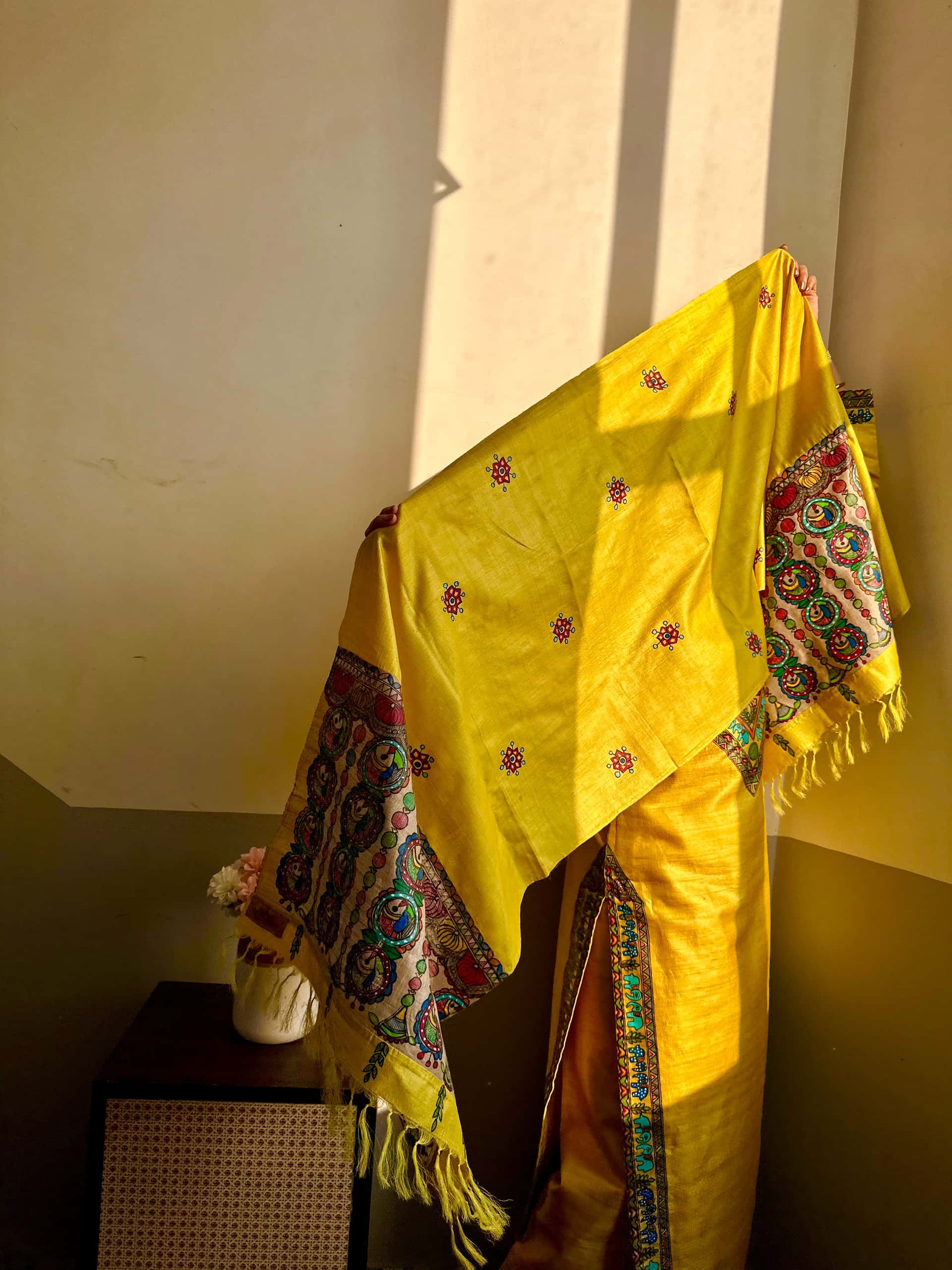 Fish Hand-painted Madhubani Tussar Silk Stole — image 3 of 4