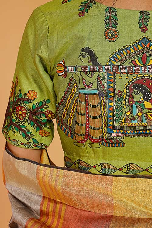 'Doli Bidai' Handpainted Madhubani Tussar Silk Blouse — image 6 of 7