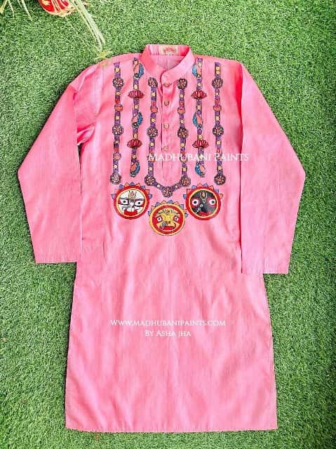 Pink Lord Jagannatha Hand-painted  Madhubani Men's Tussar Silk Kurta — image 3 of 4