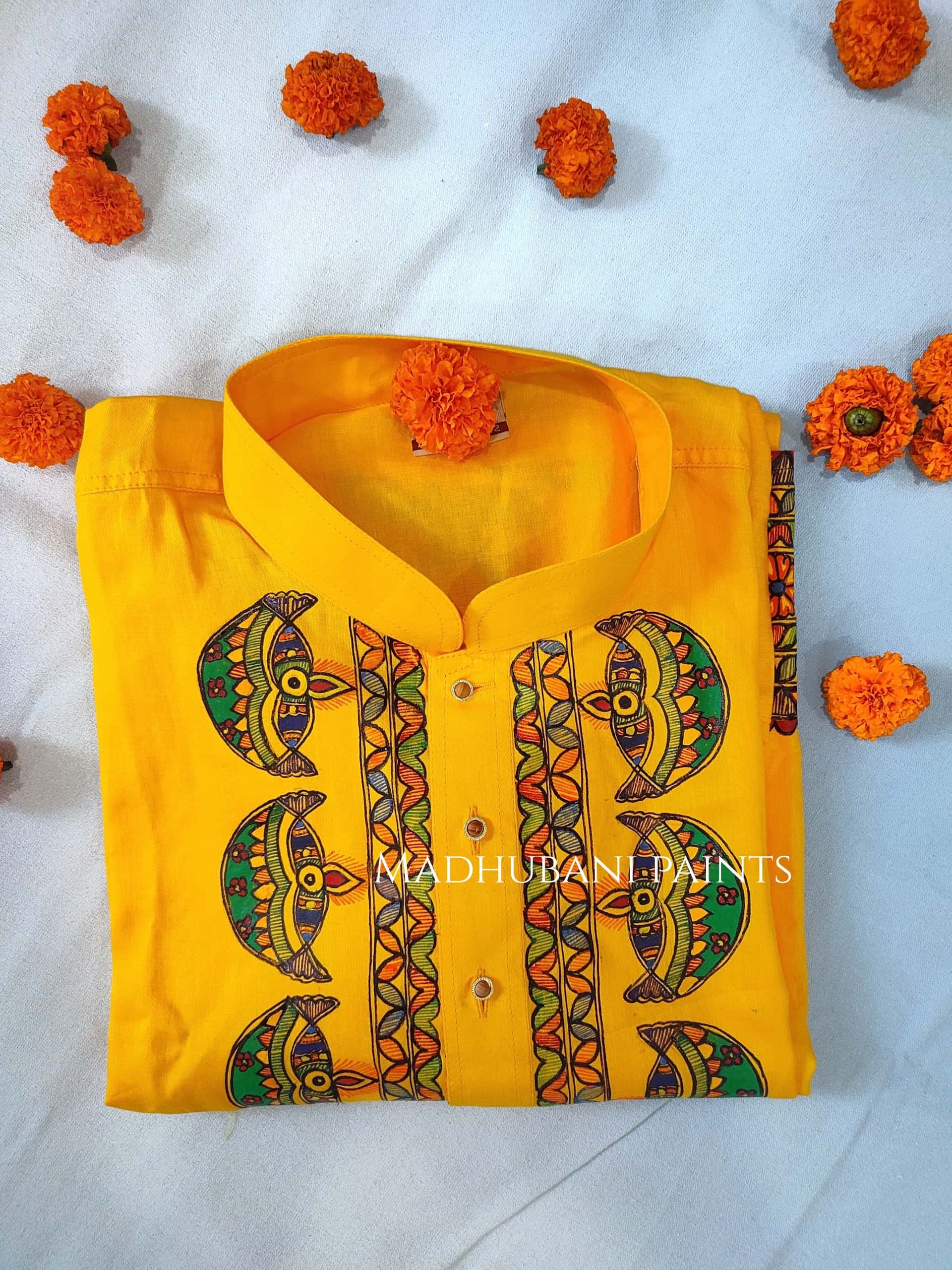 Yellow Diya Hand-painted Handloom Men's Cotton Kurta — image 4 of 5