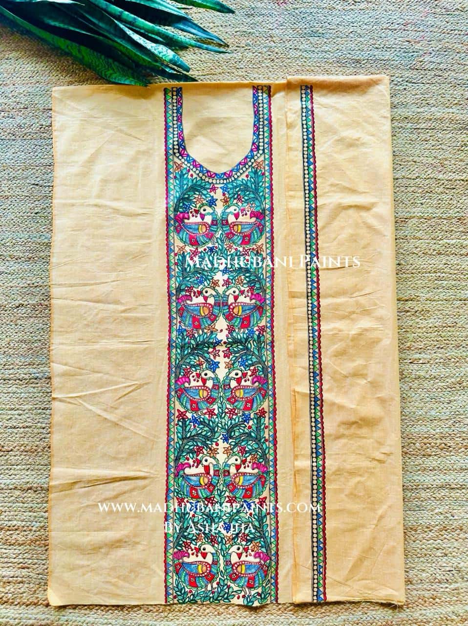 Mithila Mayuri Hand-painted Madhubani Painting Cotton Unstitched Kurta Pant Dupatta Set — image 3 of 3