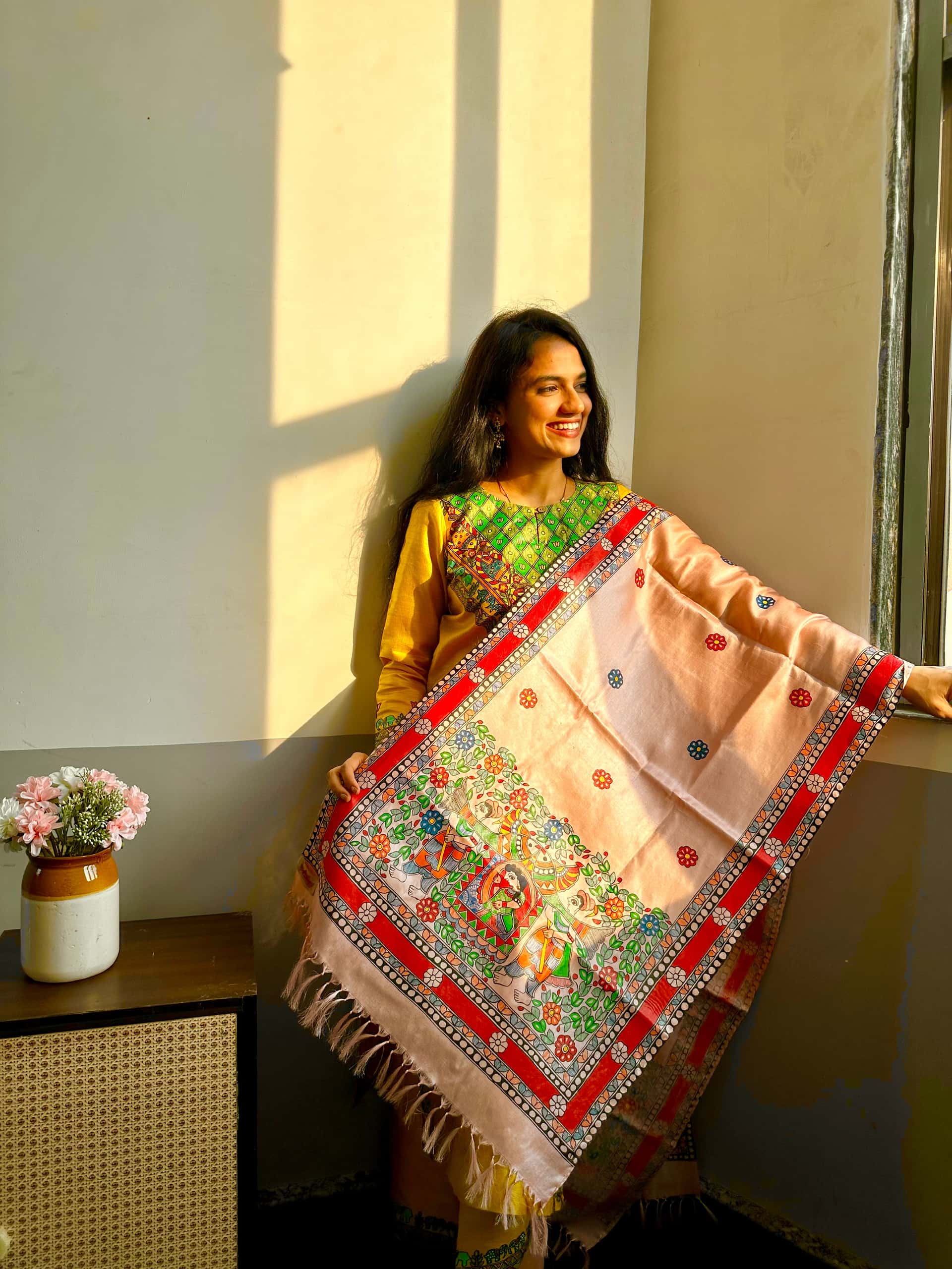 Pink Bidaai Madhubani Hand-painted Tussar Silk Stole — image 2 of 4