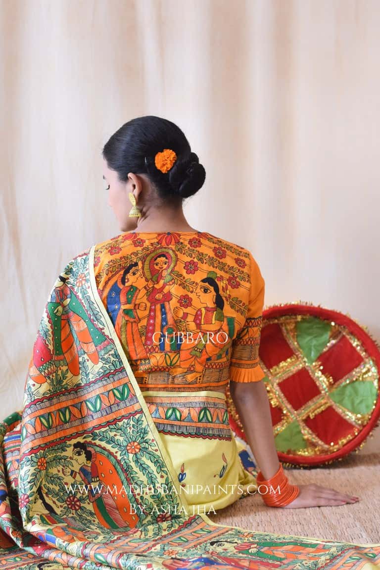 'SHAADI VIDDHI' Handpainted Madhubani Bishnupuri Silk Saree Blouse Set — image 7 of 12