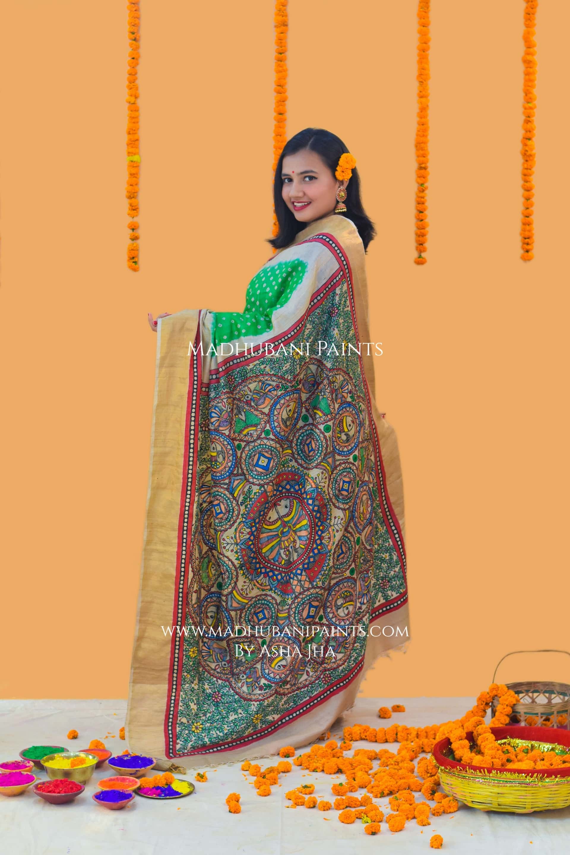 SURMAI MAYUR MANDALA Hand-painted Bandhini Madhubani Saree — image 5 of 7