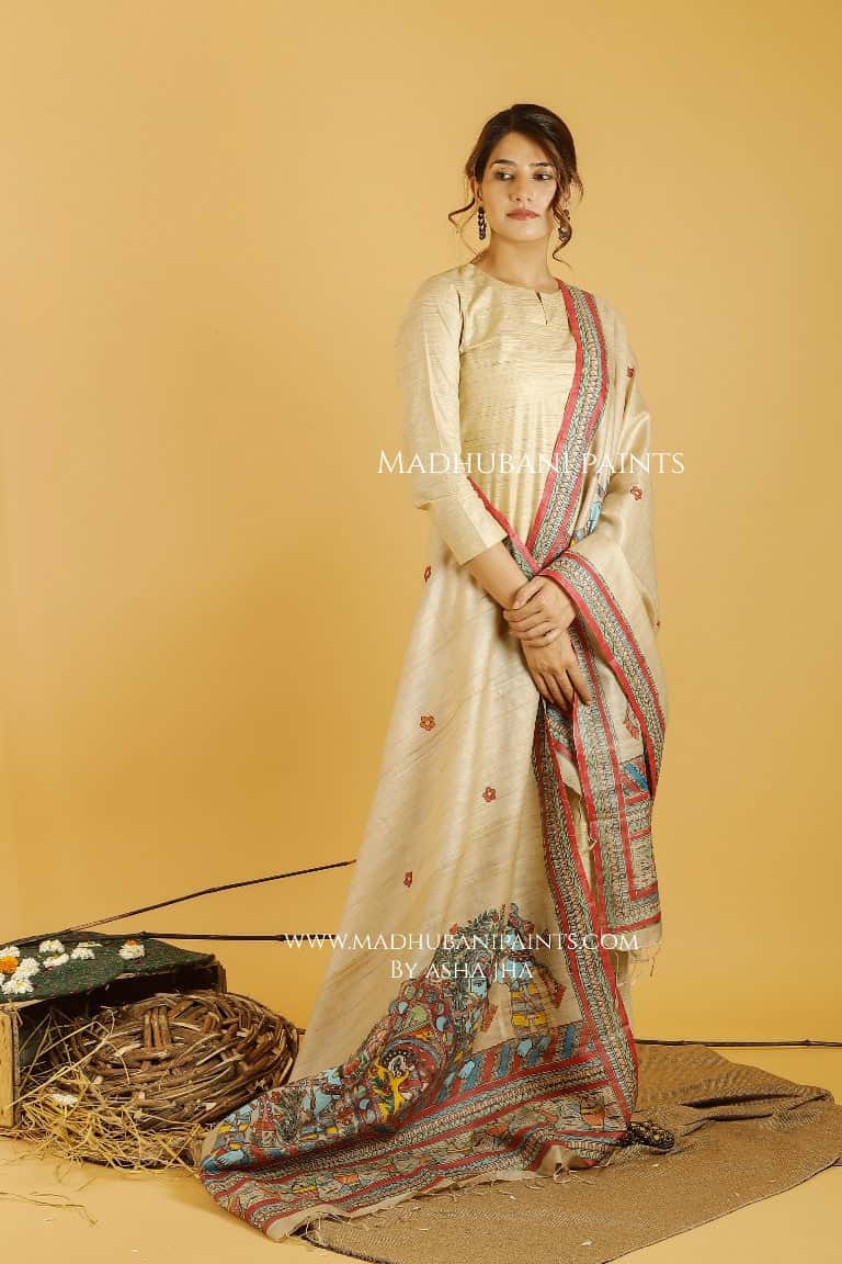 Doli Bidaai Madhubani Handpainted Pure Handwoven Tussar Silk Dupatta — image 4 of 4