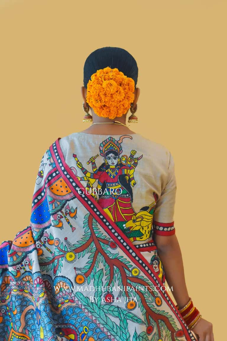 'SHAKTI' Handpainted Madhubani Tussar Silk Saree — image 7 of 10