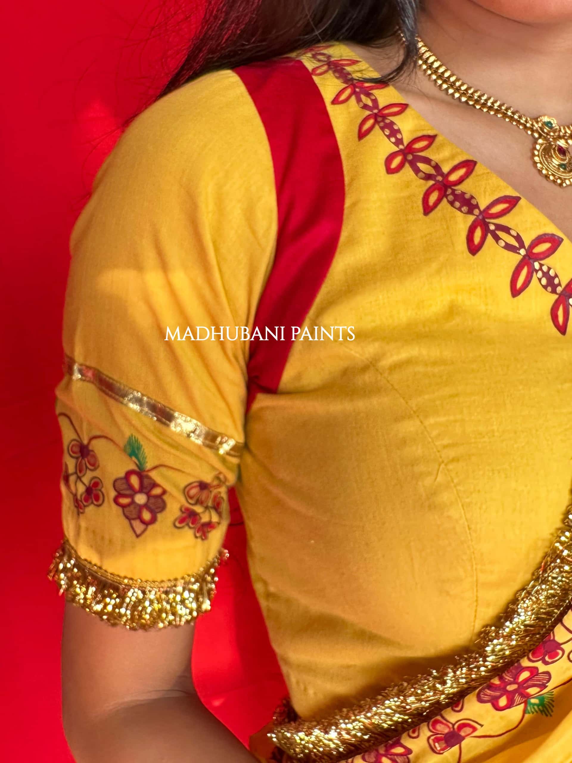 Swayambar Bihari Bridal Hand-painted Madhubani Painting Cotton Saree Blouse Set — image 11 of 12