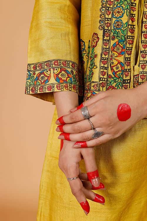 'Sunehri Phoolwari' Handpainted Madhubani Tussar Silk Kurta & Bandi Set — image 8 of 8