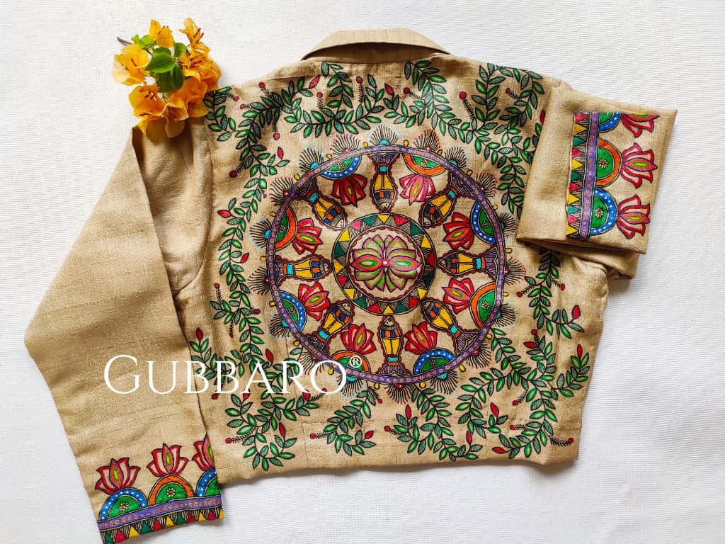 'SPANDA LOTUS' Handpainted Madhubani Tussar Silk Blouse — image 3 of 4