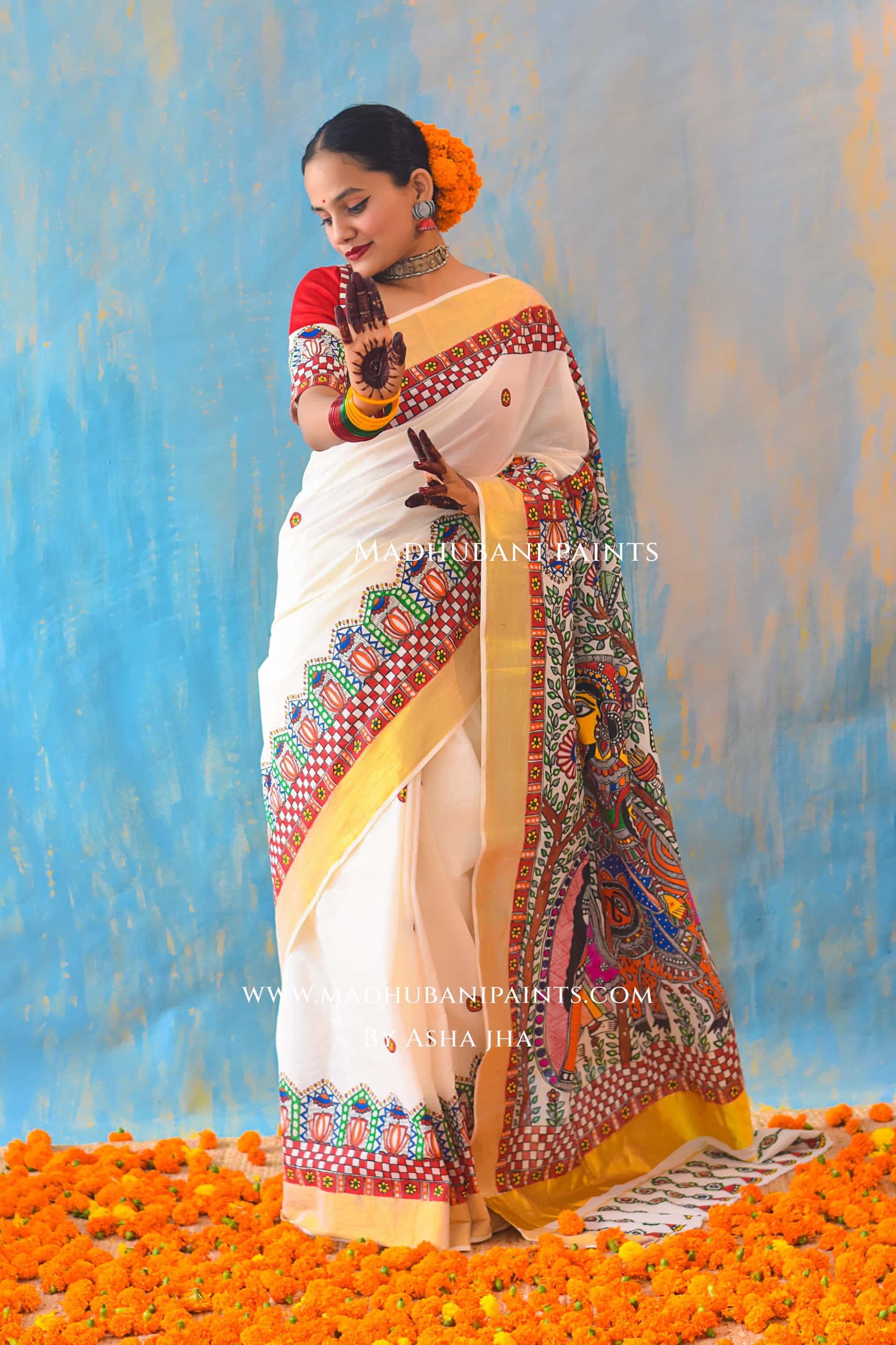 BHAIRAVI Hand-painted Madhubani Handloom Cotton Saree Blouse Set — image 2 of 7