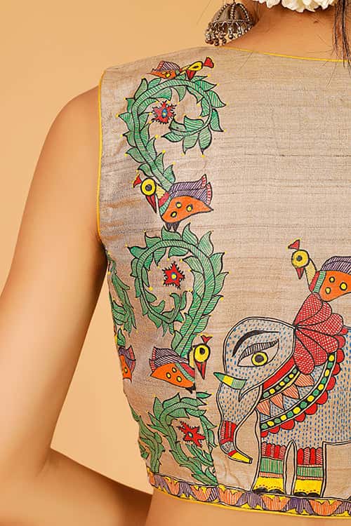'Ele Mayuri Vrindavan' Handpainted Madhubani Blouse — image 6 of 7