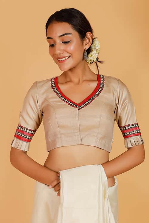 'Nandgopal Radha' Handpainted Madhubani Tussar Silk Blouse — image 3 of 7