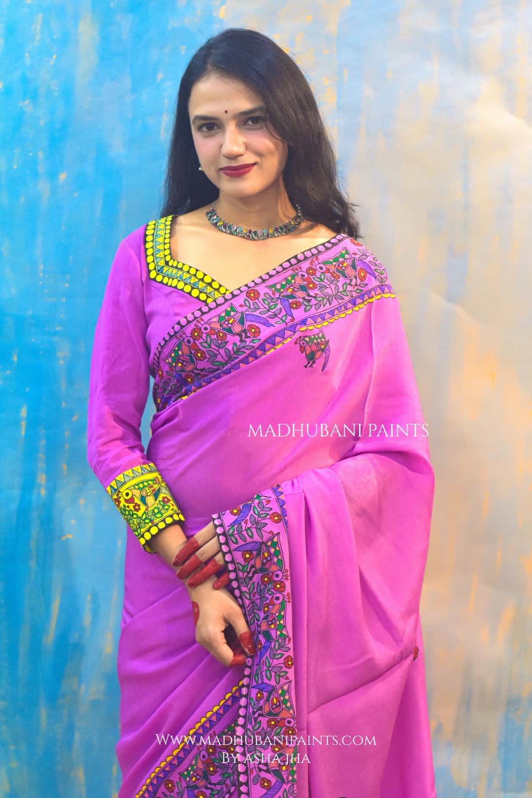 Baigani Mor Hand-painted Madhubani Chiffon Saree — image 2 of 5