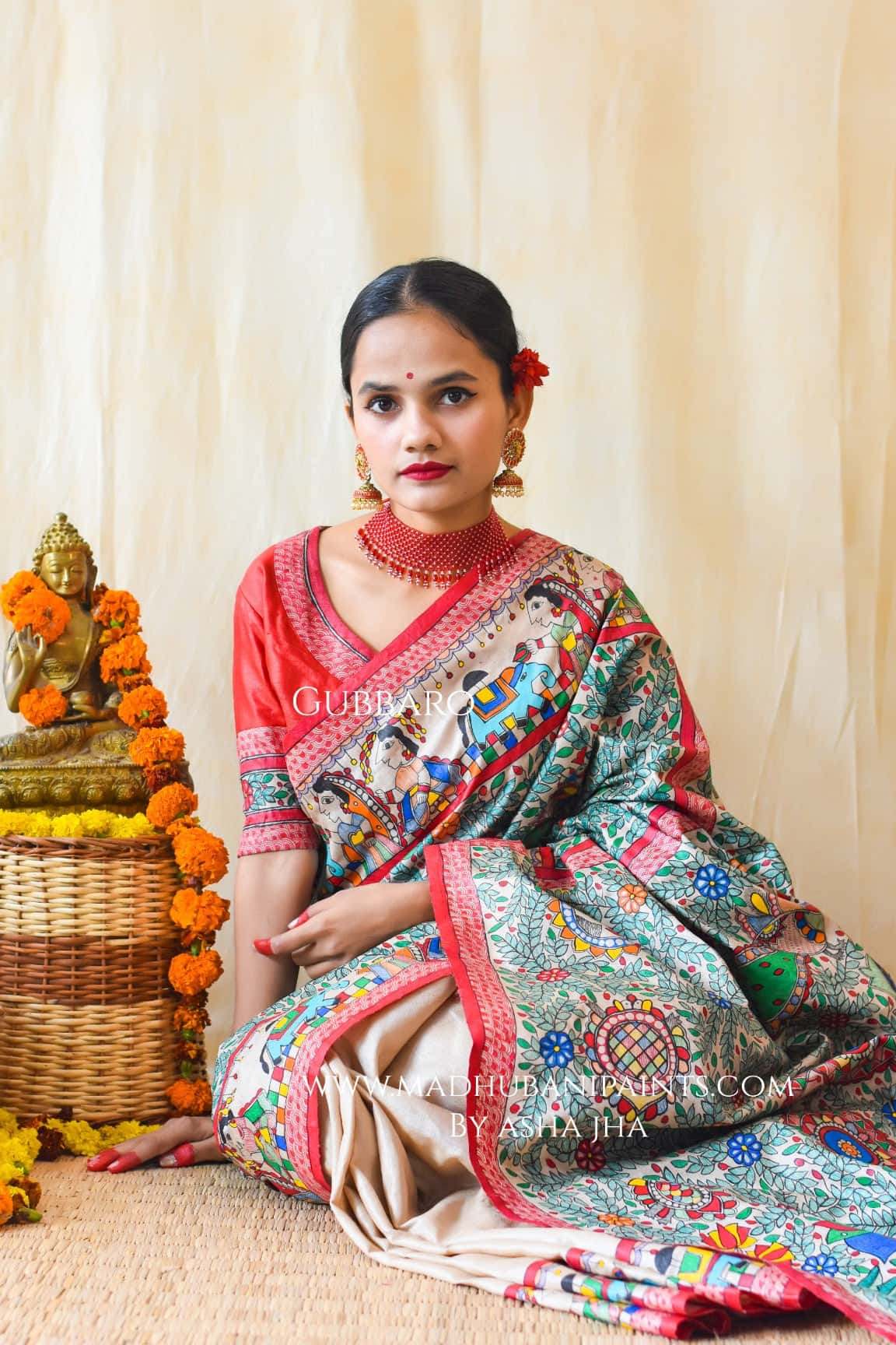 'Krishna Kohbar' Handpainted Madhubani Tussar Silk Blouse — image 3 of 4