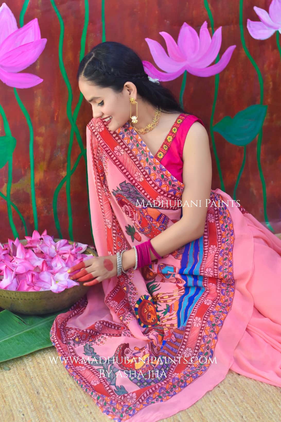 POOJA VIBHUTI Chhath Puja Handpainted Madhubani Georgette Saree — image 3 of 7