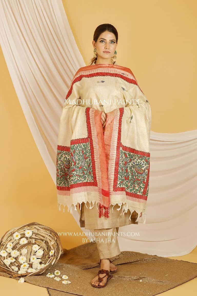 Mayuri Madhubani Handpainted Pure Handloom Cotton Dupatta — image 4 of 4
