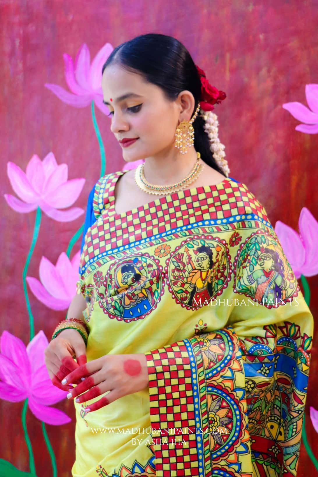 "KAMAKSHI" Handpainted Madhubani Tussar Silk saree blouse set — image 11 of 12
