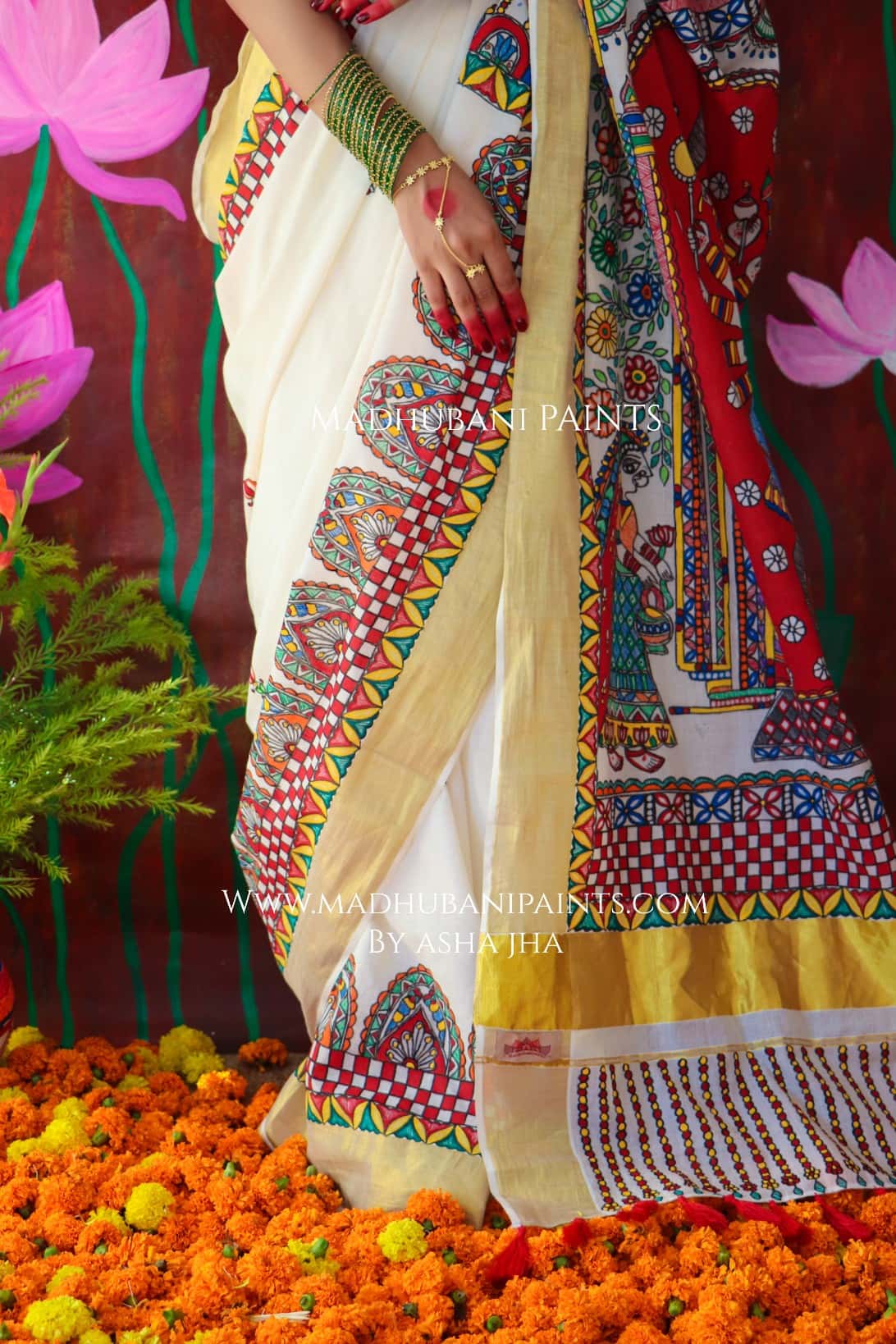 'ROOPVARDHINI' Handpainted Madhubani Cotton Saree Blouse Set — image 3 of 16