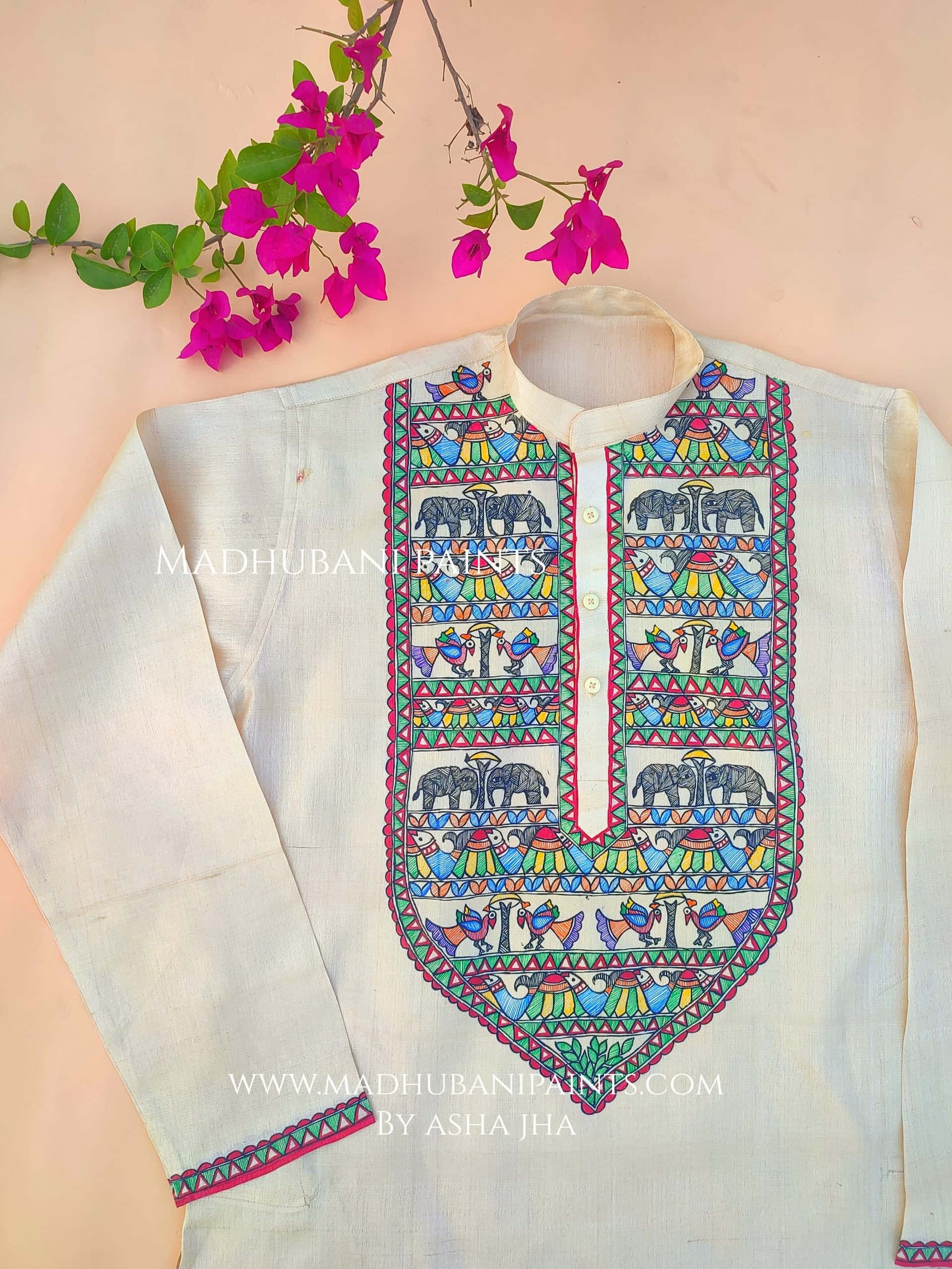 Hathi Mor Machli Hand-painted  Madhubani Men's Tussar Silk Kurta — image 2 of 4