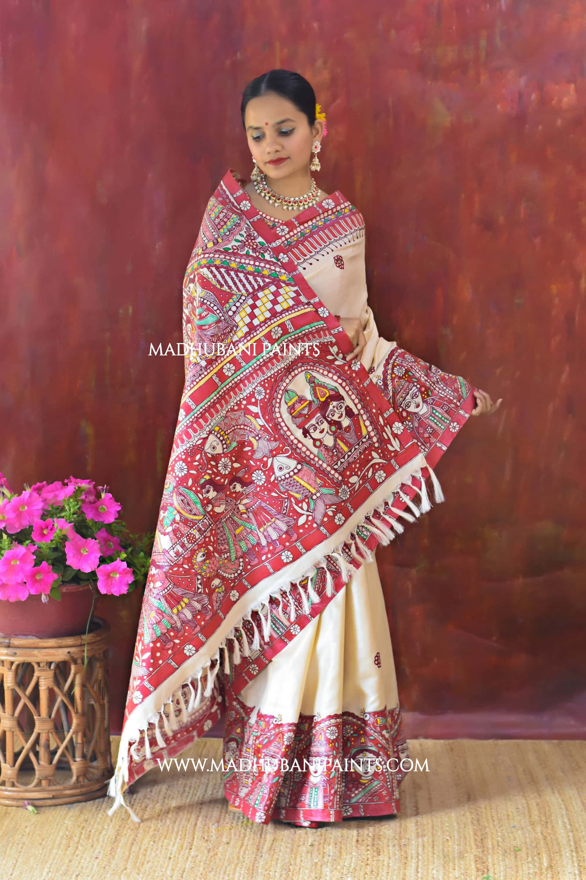 BENGALI BRIDE Hand-painted Madhubani Tussar Silk Saree — image 2 of 5