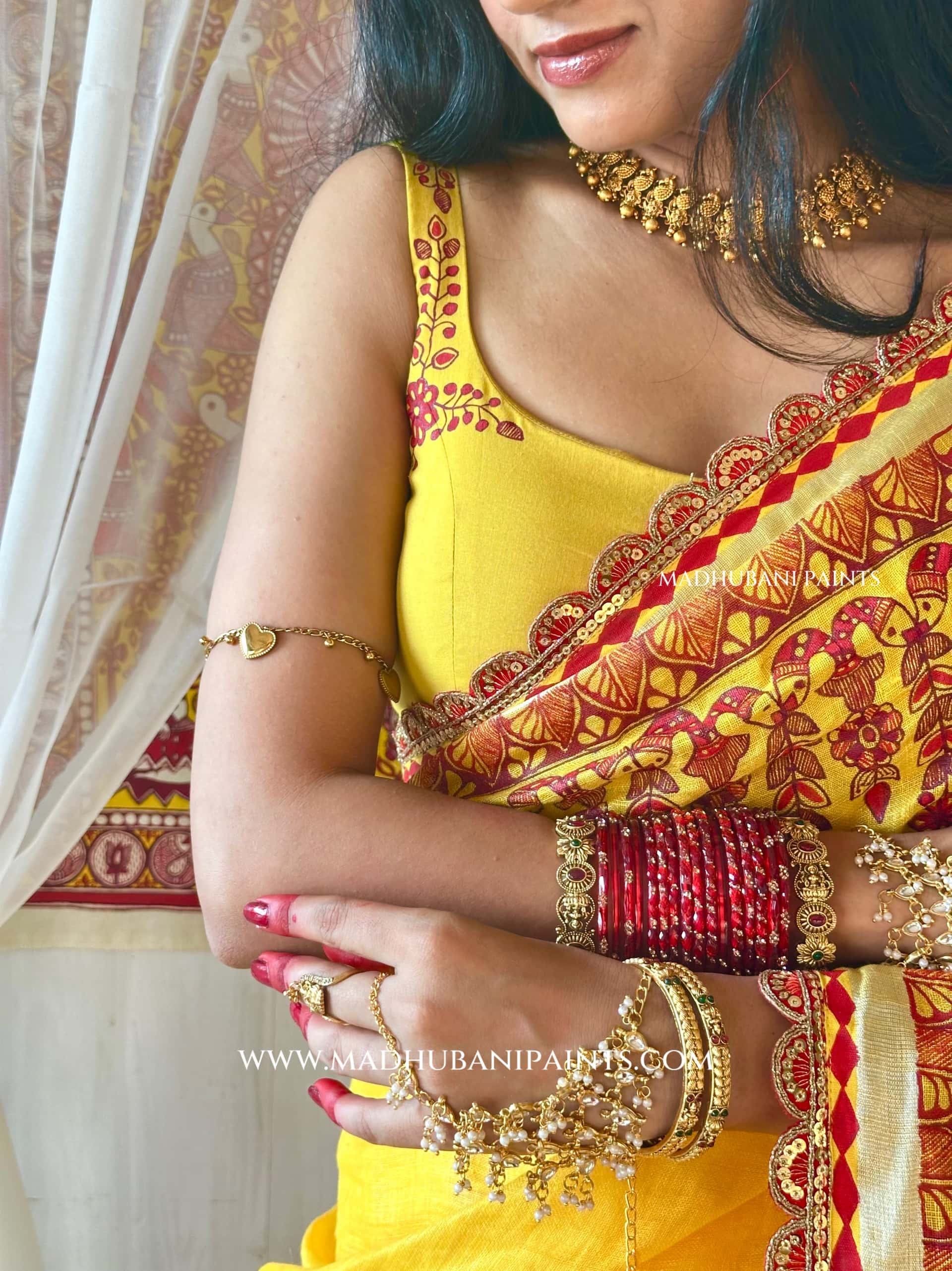 Haldi Bridal Hand-painted Madhubani Painting Saree Blouse Set — image 7 of 11