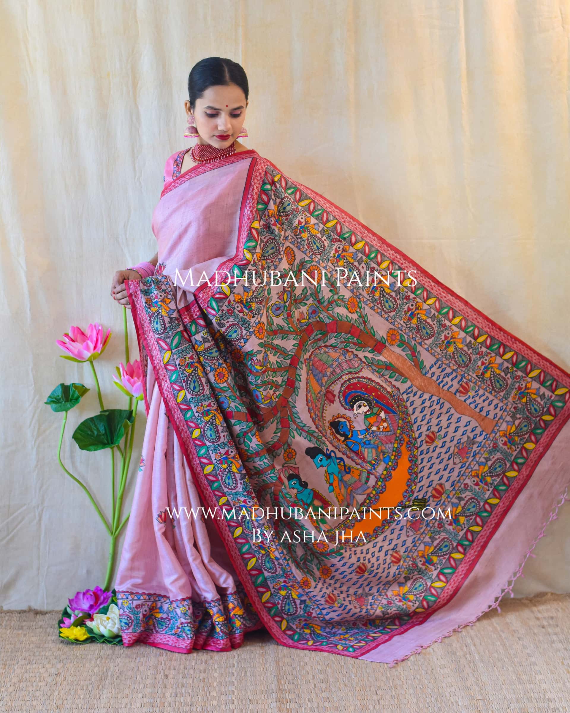 'KEVAT PREM'  Handpainted Madhubani Tussar Silk Saree Blouse Set — image 5 of 12