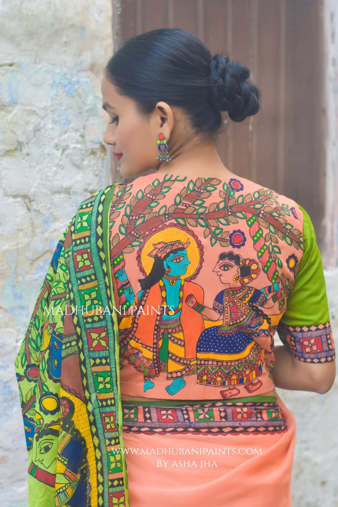 Radha Raman Prem Manjari Hand-painted Madhubani Chiffon Saree Blouse Set — image 6 of 9