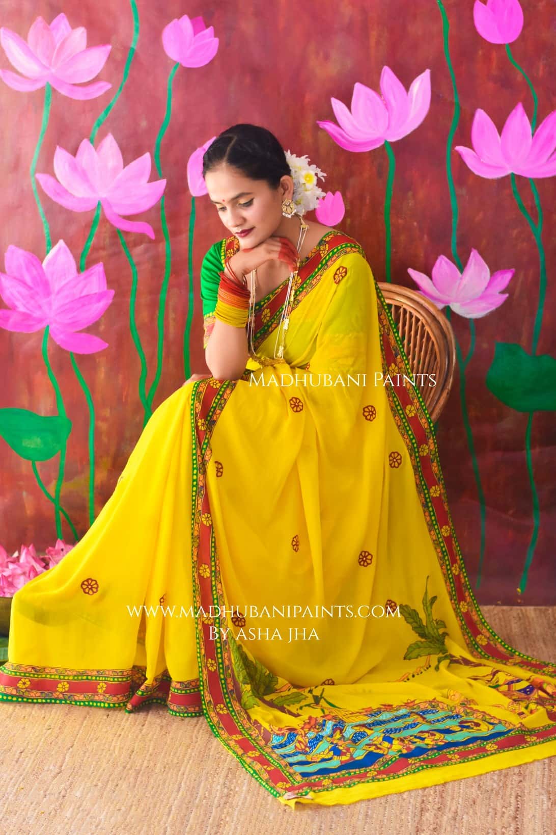 SURYA VANDANA Chhath Puja Handpainted Madhubani Chiffon Saree — image 7 of 9