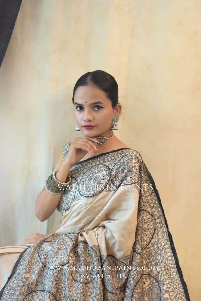 'MORNI' Handpainted Madhubani Tussar Silk Saree Blouse Set — image 3 of 10