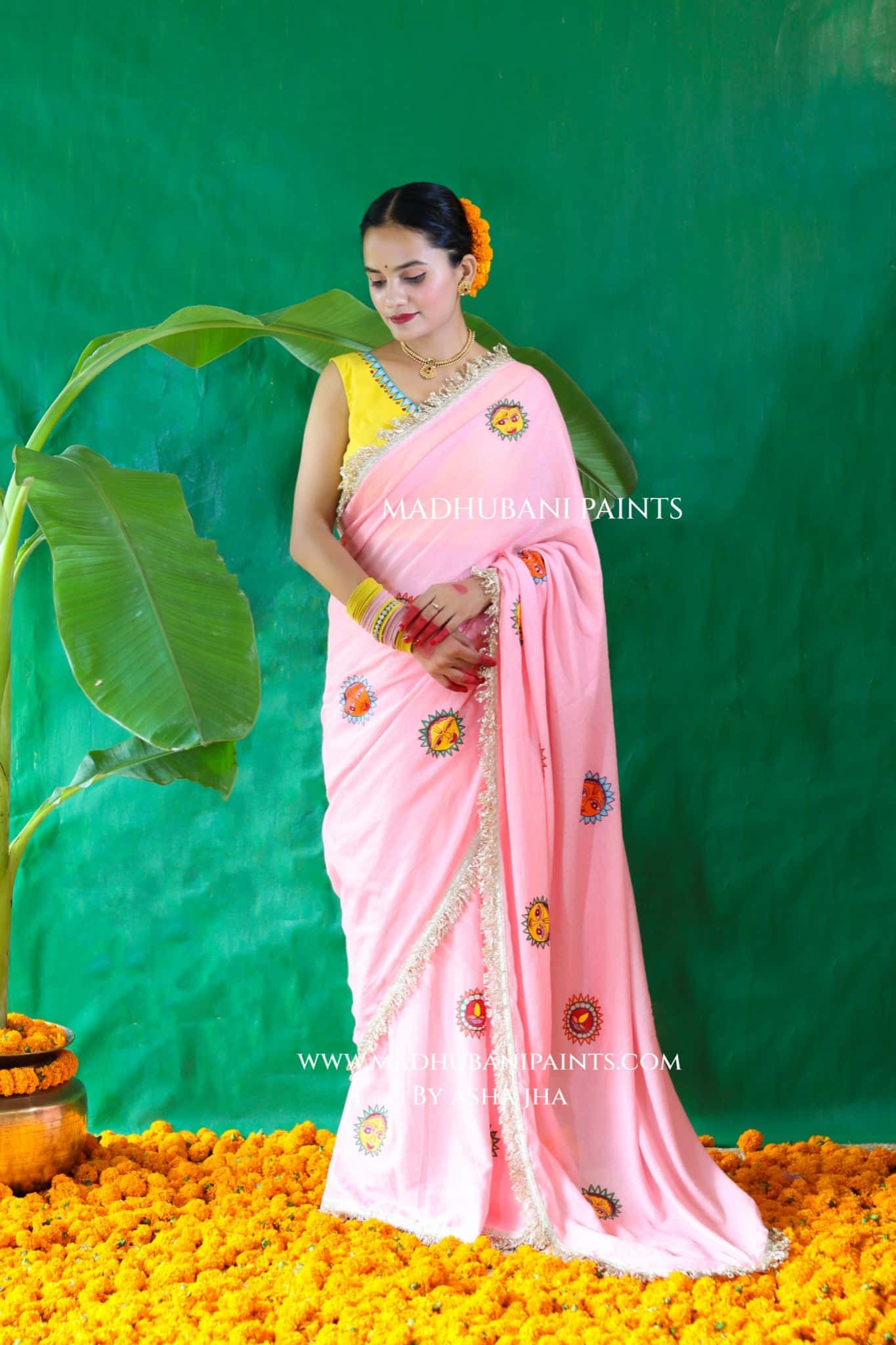 SURYA Chhath Puja Handpainted Madhubani Cotton Saree Blouse Set — image 3 of 11