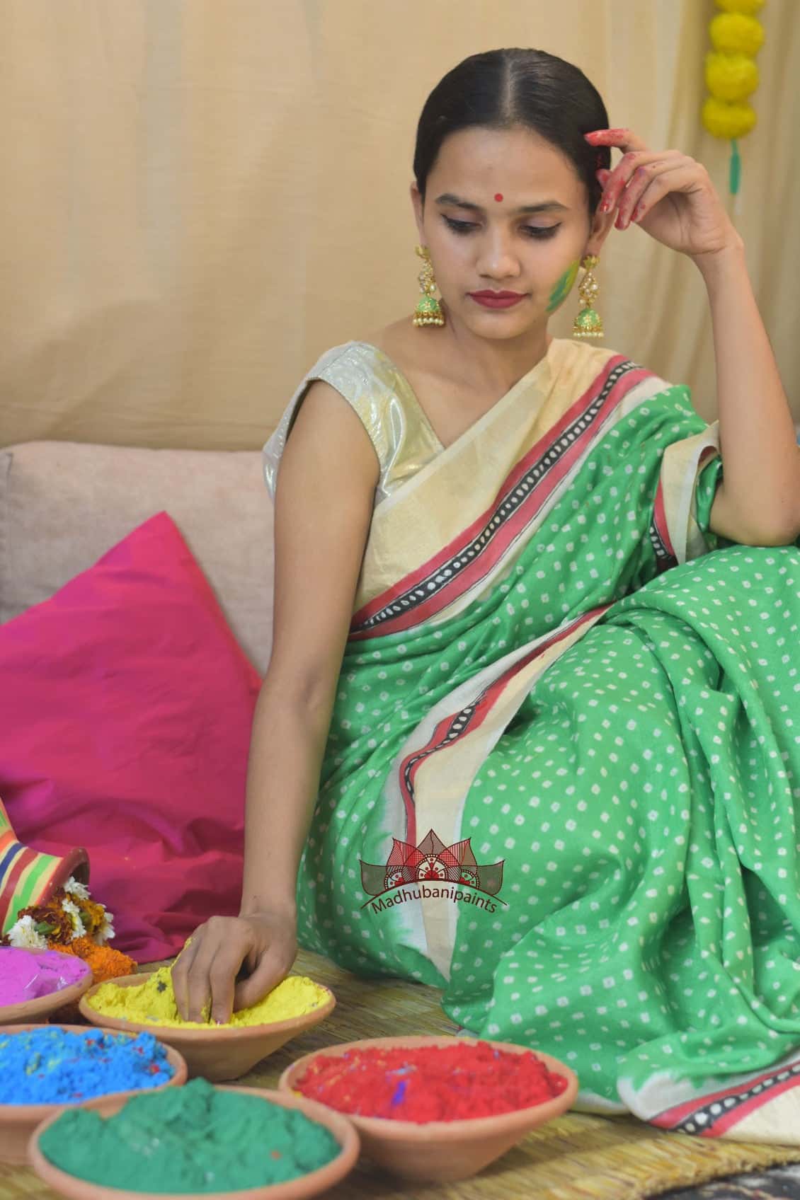 Madhubani Hariyali Bageecha Bandhej Hand Painted Saree — image 6 of 6