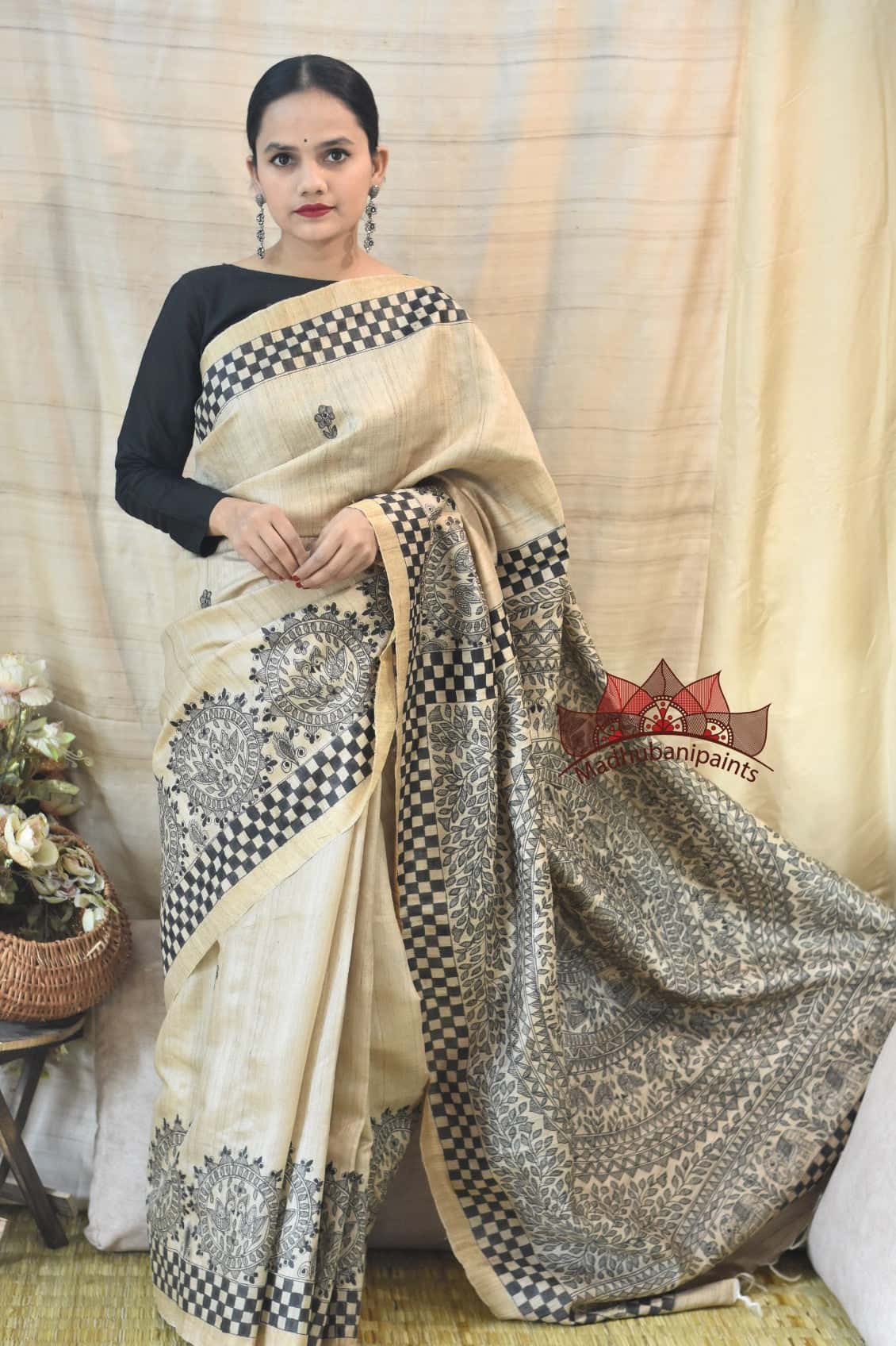 Madhubani Paints Hand Painted Kachni Saree — image 2 of 5
