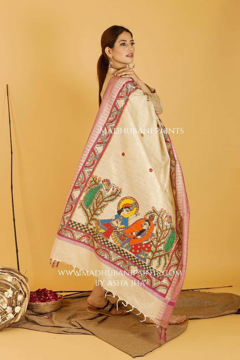 Krishna Radha Leela Madhubani Handpainted Pure Handloom Cotton Dupatta — image 5 of 5