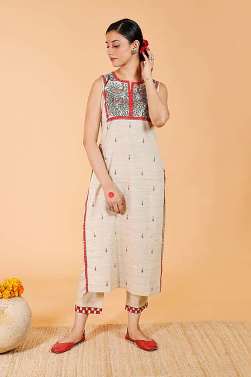 'Mithila Mayur' Handpainted Madhubani Cotton Kurta — image 5 of 8