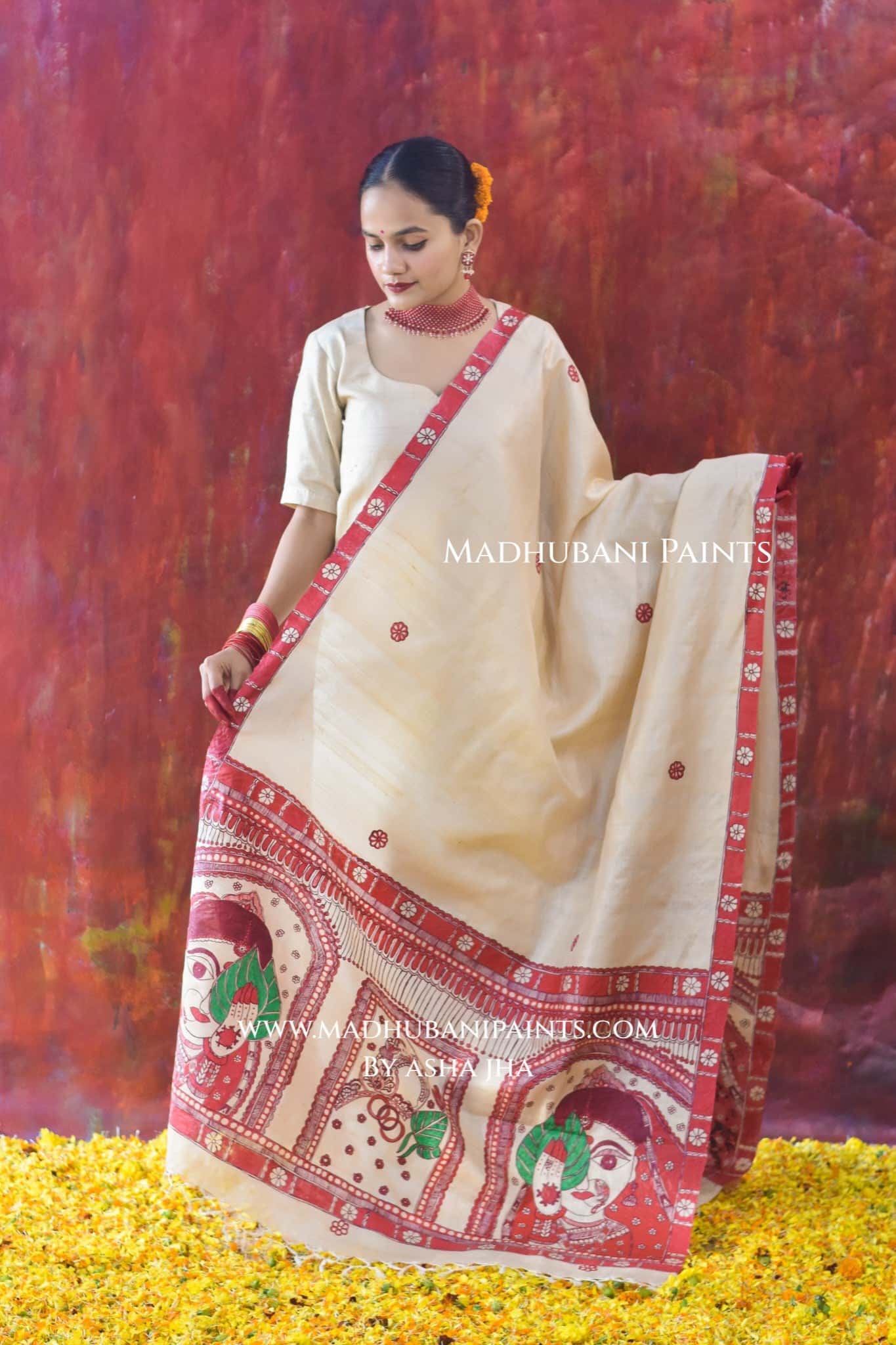 'BENGALI DULHAN' Handpainted Madhubani Tussar Silk Dupatta — image 5 of 5
