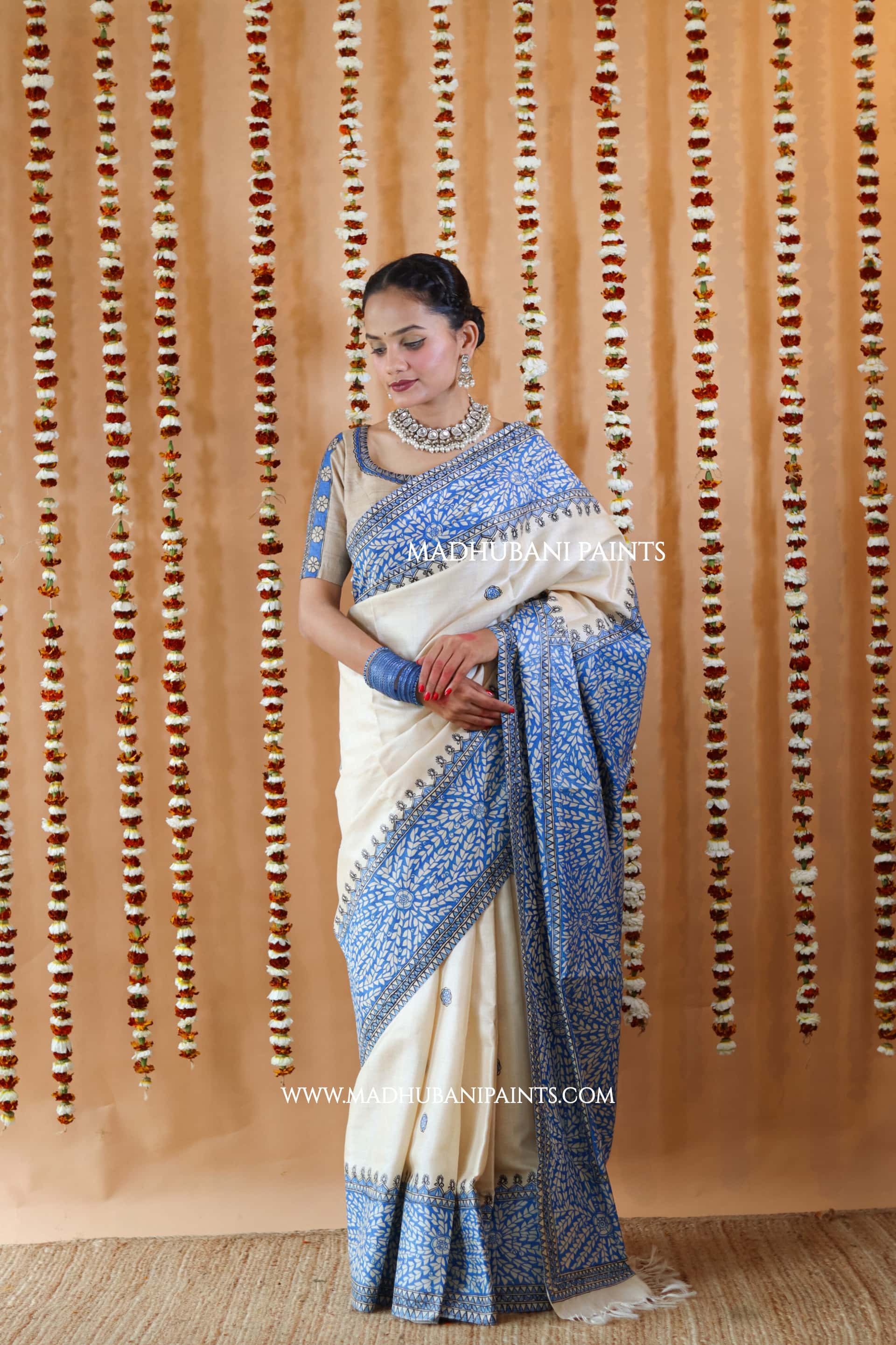 Blue Patta Handpainted Tussar Silk Saree — image 5 of 10