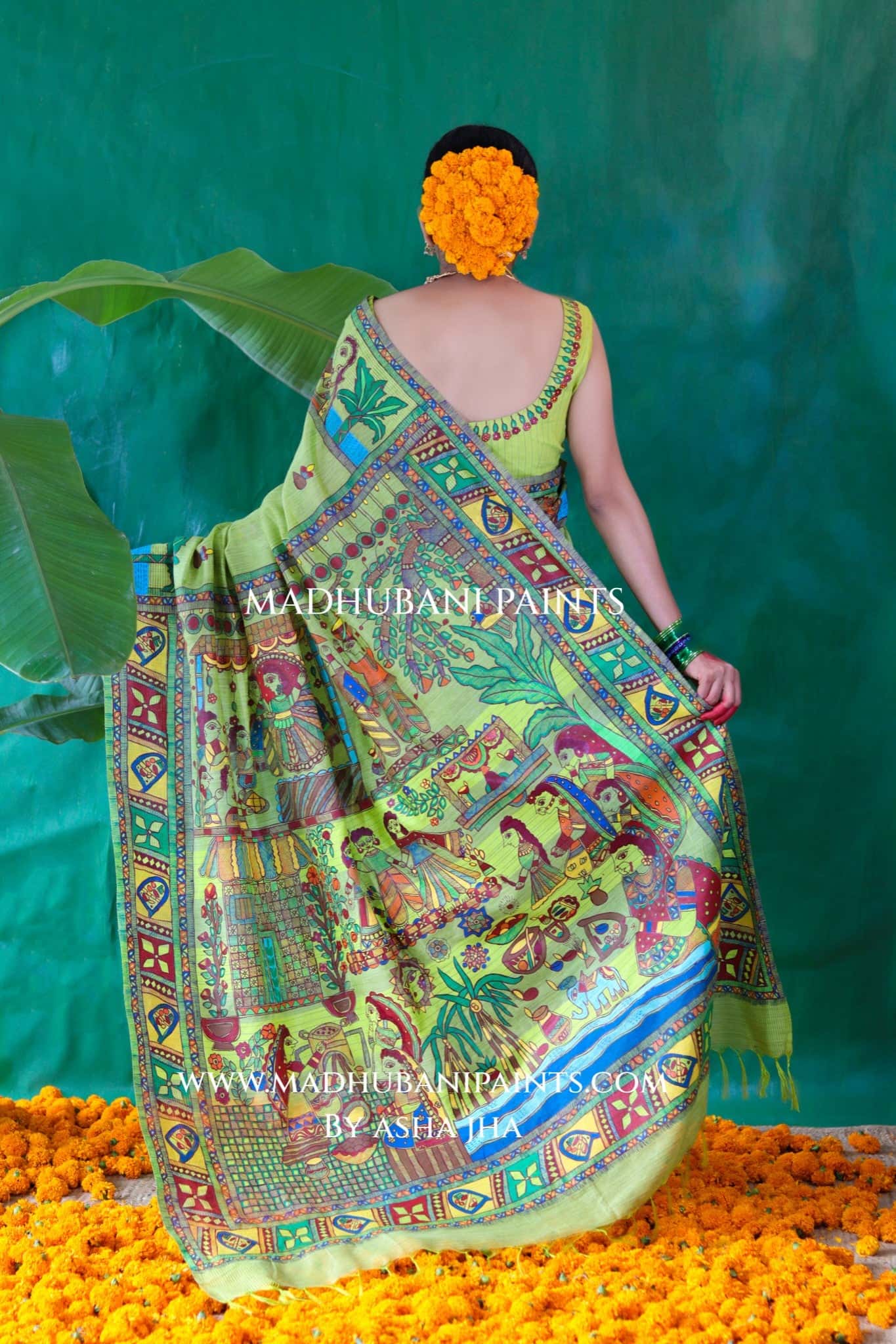 HARIYALI CHHATH Handpainted Madhubani Chanderi Saree Blouse Set — image 5 of 11