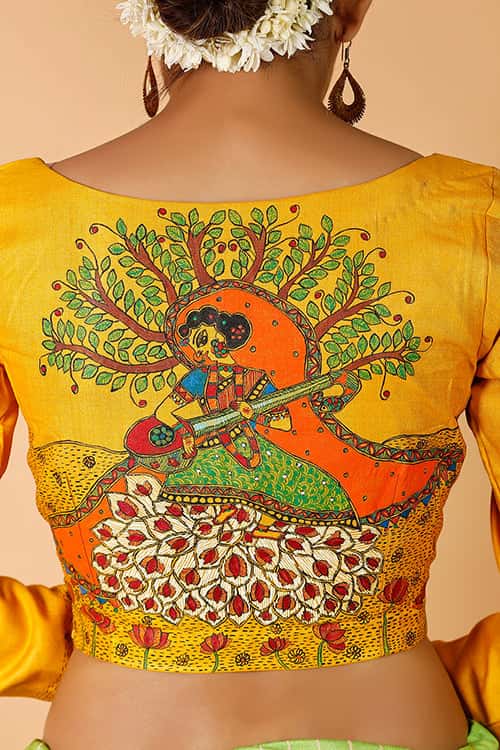 'Saraswati' Handpainted Madhubani  Moonga Silk Blouse — image 4 of 9