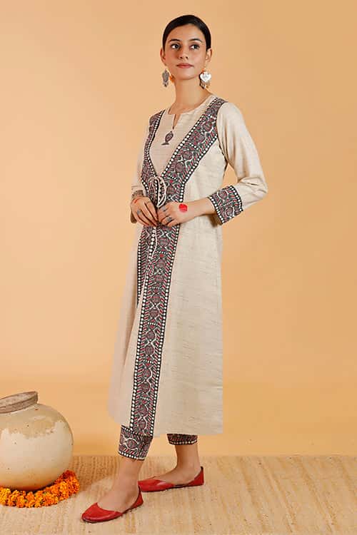 'Surmai Kachni Angrakha' Handpainted Madhubani Cotton Kurta — image 2 of 7