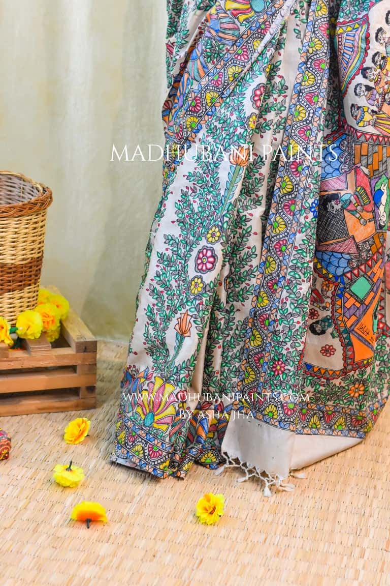 'KAHANI PADMA KI' Handpainted Madhubani Tussar Silk Saree — image 3 of 11