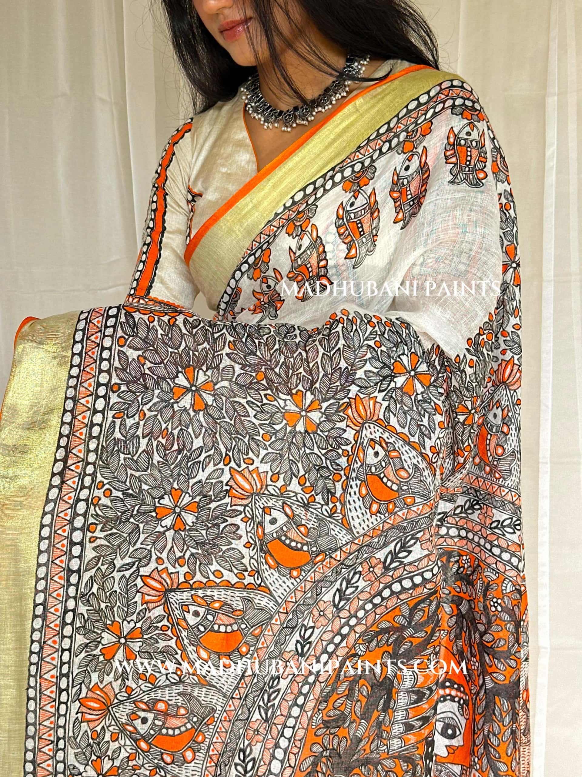 Linen Radha Krishna Hand-painted Madhubani Painting Saree — image 5 of 9