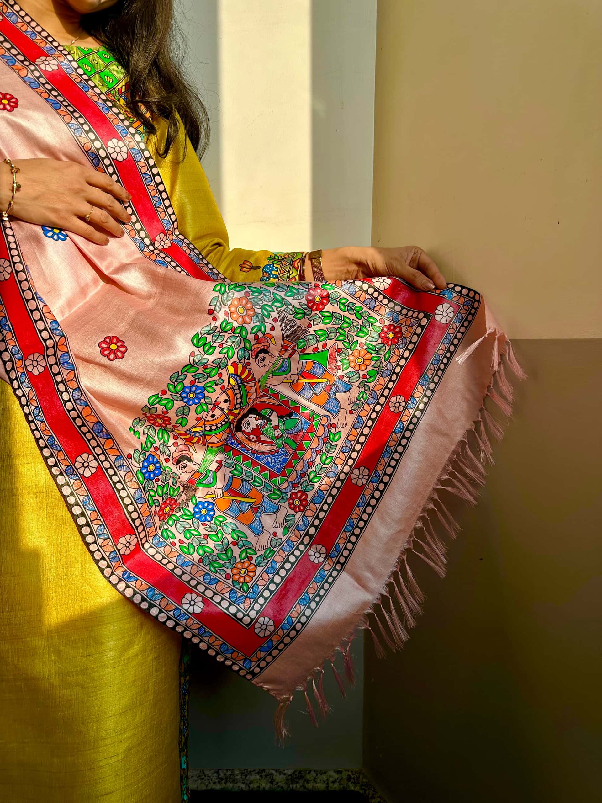 Pink Bidaai Madhubani Hand-painted Tussar Silk Stole — image 3 of 4