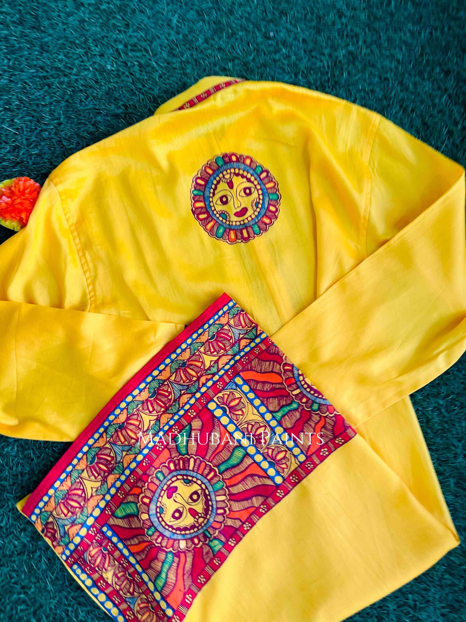 Sunehri Chhath Puja Hand-painted  Madhubani Men's Cotton Kurta — image 4 of 5