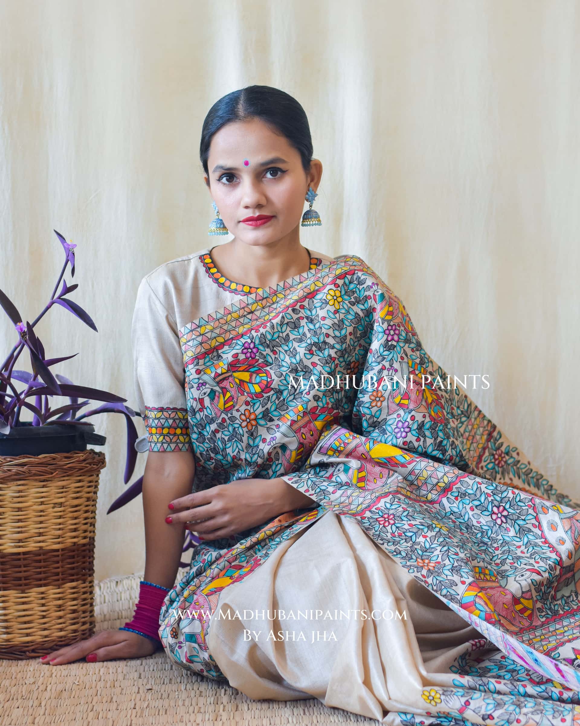 NEEL RAMAYAN Half Work Hand-painted Madhubani Tussar Silk Saree — image 8 of 10